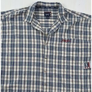 NWT Phat Farm Mens XXL Shirt Blue Beige Plaid Linen Blend Button Up Short Sleeve